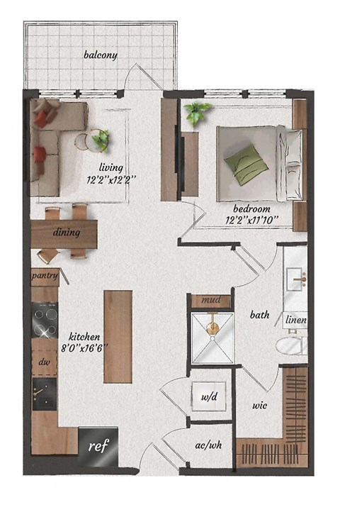 1 bedroom, 1 bathroom, 690 square feet A2A floorplan at St. Elmo Apartments in Austin, TX